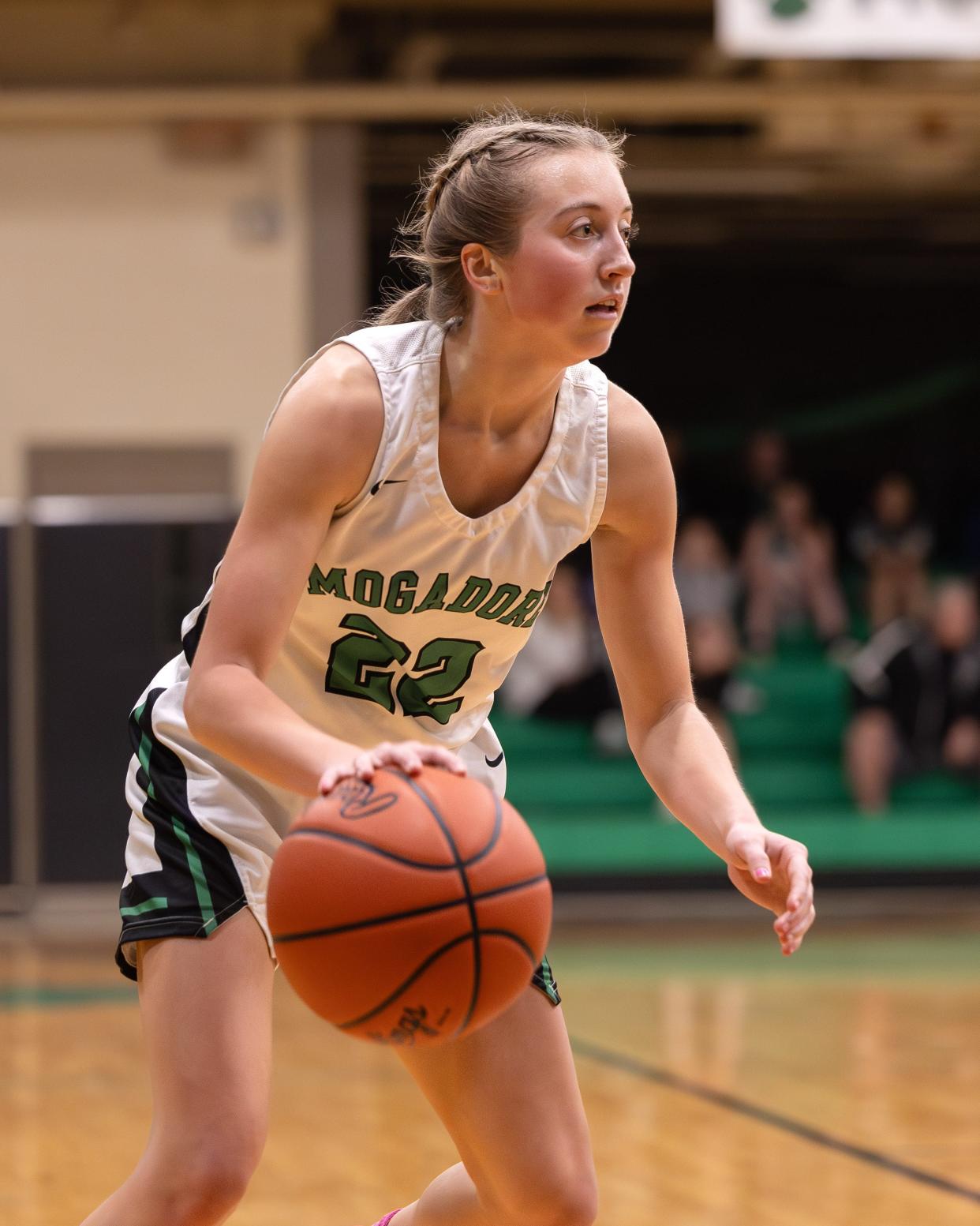 Mogadore's Brook McIntyre with the ball during Wednesday night’s basketball game against the Southeast Pirates at Mogadore High School.