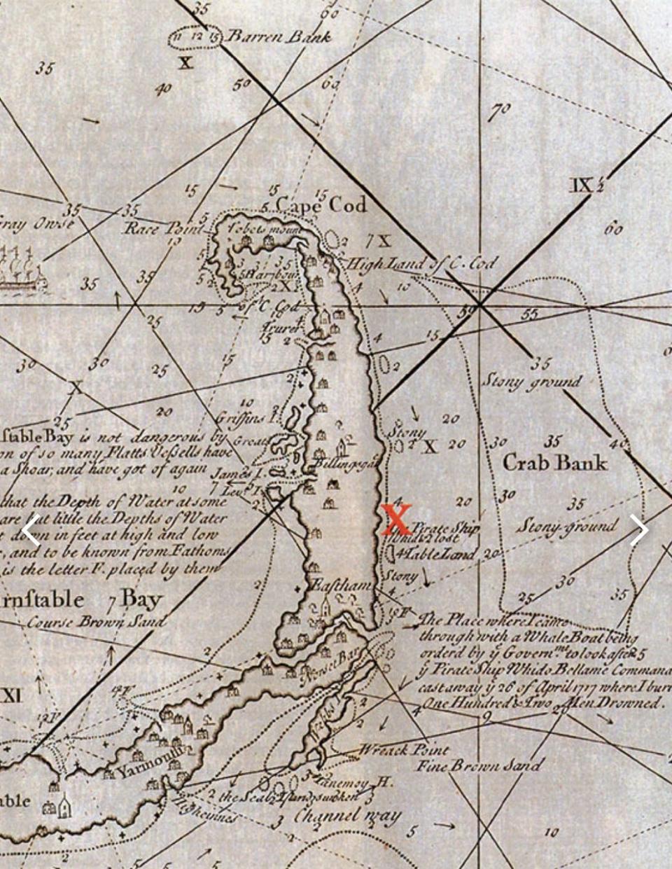 A 1717 map showing the location where the Whydah Gally sank off Wellfleet.