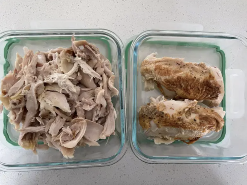 Two glass dishes of cut-up chicken