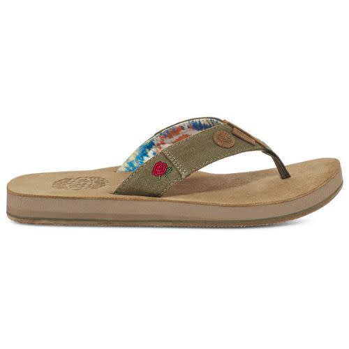 tan sanuk flip flop with grateful dead teddy bear logo and tie dye strap