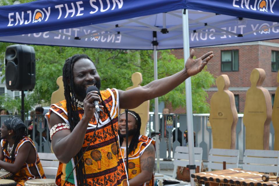 The Akwaabe Ensemble performs during the Juneteenth ceremony in Portsmouth Monday, June 19, 2023.
