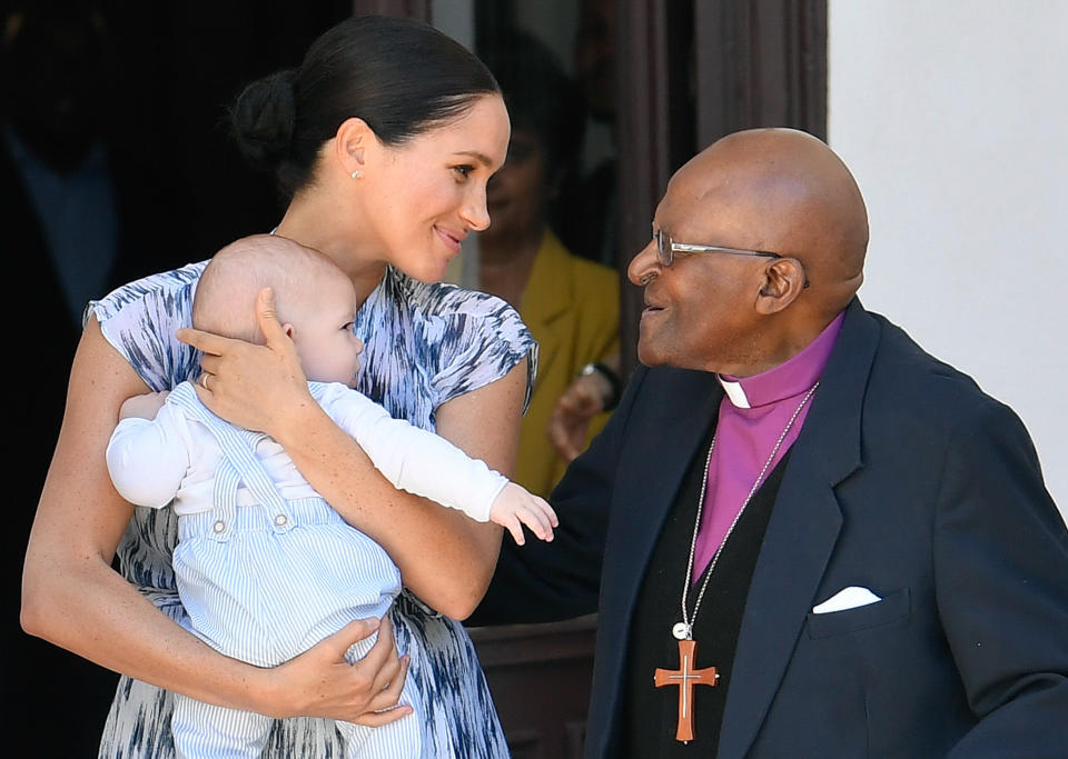 CAPE TOWN, SOUTH AFRICA - SEPTEMBER 25: Prince Harry, Duke of Sussex, Meghan, Duchess of Sussex and their baby son Archie Mountbatten-Windsor meet Archbishop Desmond Tutu and his daughter Thandeka Tutu-Gxashe at the Desmond & Leah Tutu Legacy Foundation during their royal tour of South Africa on September 25, 2019 in Cape Town, South Africa. (Photo by Toby Melville/Pool/Samir Hussein/WireImage)