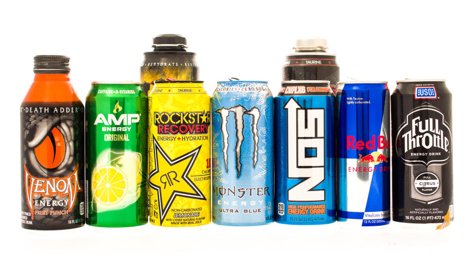 Pediatricians say that energy drinks, like the ones seen here, have no place in a child or teenager's diet. At least one doctor wants an age regulation on their purchase. (Photo: Getty Images)