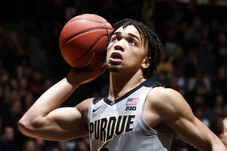 Feb 16, 2019; West Lafayette, IN, USA; Purdue Boilermakers guard Carsen Edwards (3) plays against the Penn State Nittany Lions during the second half at Mackey Arena. Mandatory Credit: Brian Spurlock-USA TODAY Sports