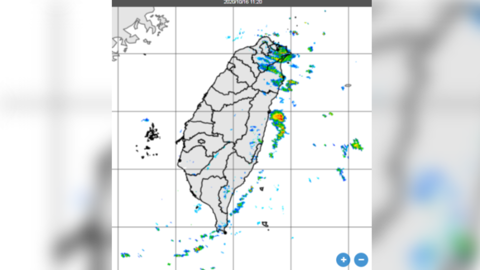 台灣上空的降水雷達回波圖。（圖／中央氣象局）