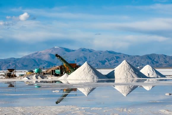 A lithium brine mining operation, showing evaporation ponds, with mountains and blue sky in background.