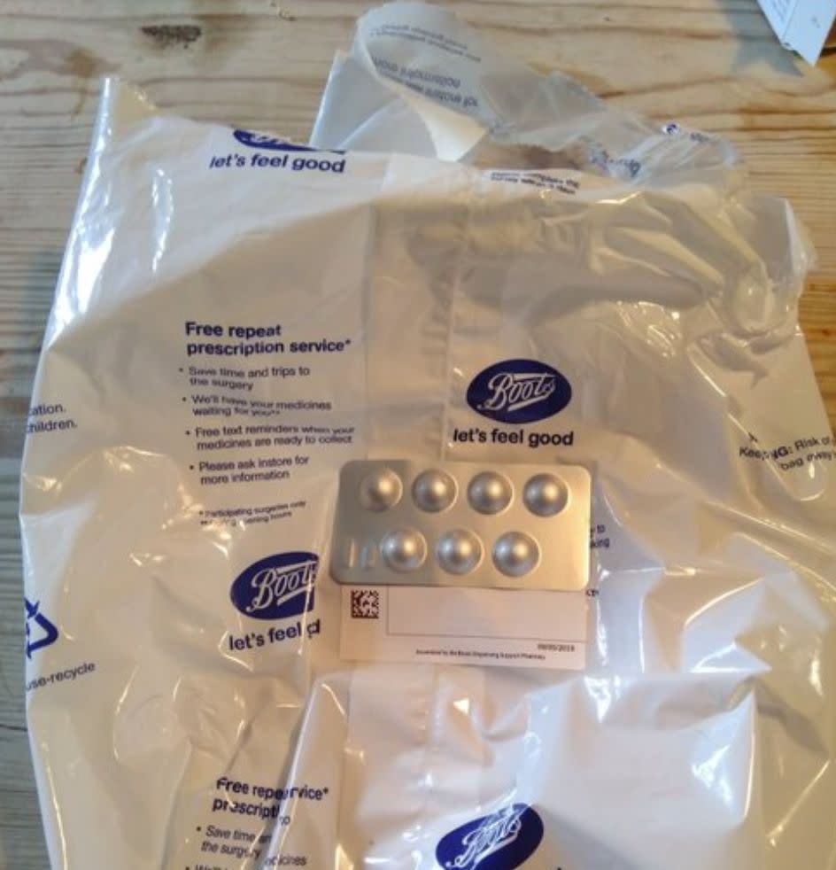 A Twitter user shares a picture of the Boots plastic prescription bags. [Photo: Twitter/@sassymannequin]