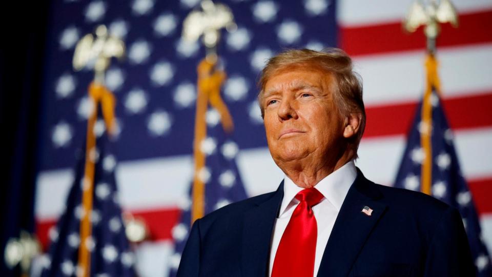 PHOTO: Former President Donald Trump speaks at his caucus night event at the Iowa Events Center, Jan. 15, 2024 in Des Moines, Iowa.  (Chip Somodevilla/Getty Images)