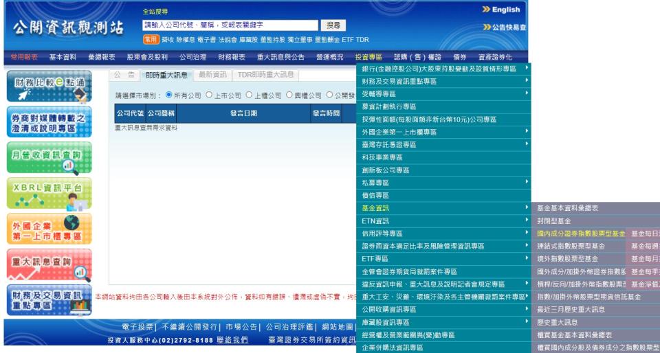 在公開資訊觀測站→投資專區→基金資訊→國內成分證券指數股票型基金→基金每季持股明細表，輸入欲查詢的年、季，可查到當季所有國內股票ETF的成分股資訊。