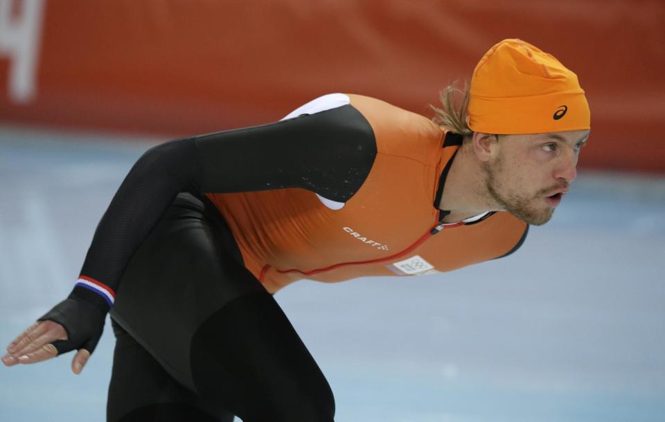 Ronald Mulder of the Netherlands trains at the Adler Arena Skating Center during the 2014 Winter Olympics in Sochi, Russia, Friday, Feb. 7, 2014. (AP Photo/Matt Dunham)