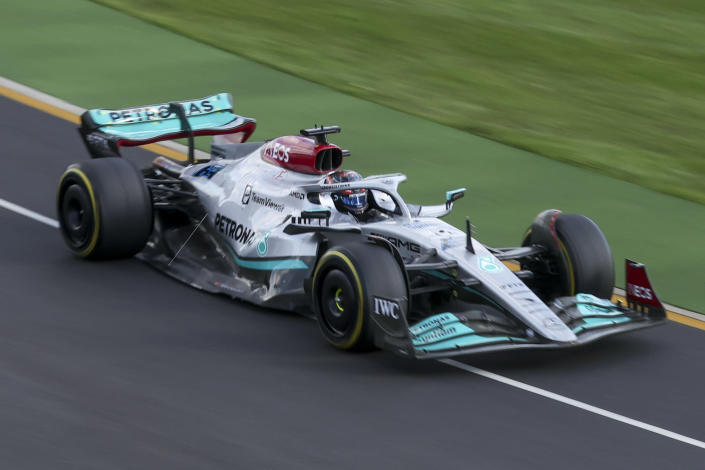 Mercedes driver George Russell of Britain steers his car during the Australian Formula One Grand Prix in Melbourne, Australia, Sunday, April 10, 2022. (AP Photo/Asanka Brendon Ratnayake)