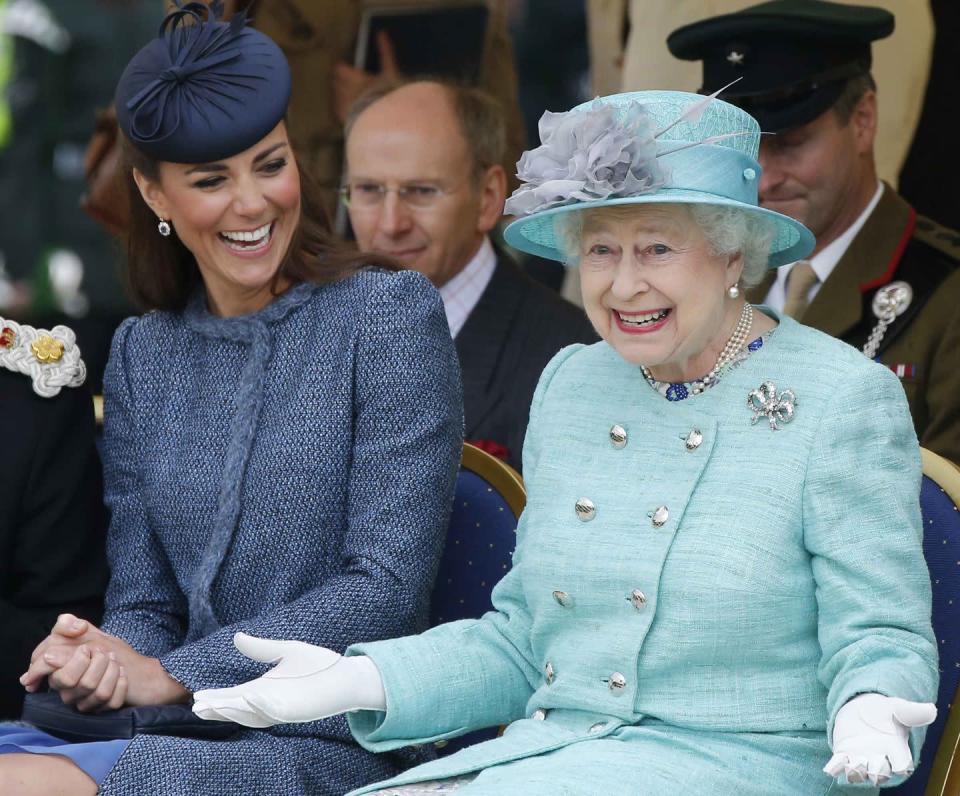 <p>The queen and her granddaughter-in-law, Kate Middleton, shared a laugh while attending a children's sporting event in Nottingham, England.</p>