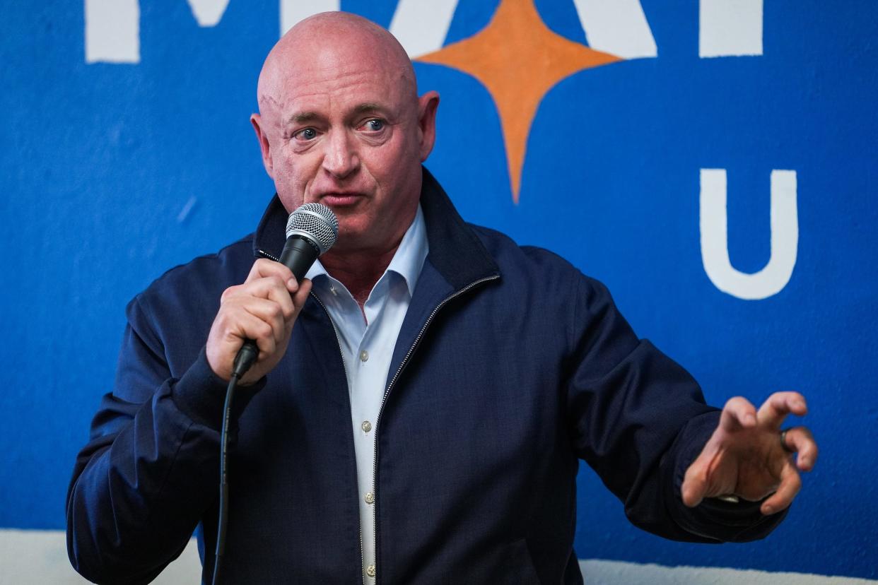 Sen. Mark Kelly speaks during an opening events for the first Mission for Arizona Coordinated Campaign office on Thursday, April 14, 2022, in Mesa.