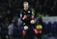Britain Football Soccer - Leicester City v Liverpool - Premier League - King Power Stadium - 27/2/17 Leicester City's Kasper Schmeichel celebrates after Jamie Vardy scores their third goal Reuters / Darren Staples Livepic