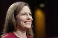 Supreme Court nominee Amy Coney Barrett speaks during a confirmation hearing before the Senate Judiciary Committee, Tuesday, Oct. 13, 2020, on Capitol Hill in Washington. (Bonnie Cash/Pool via AP)