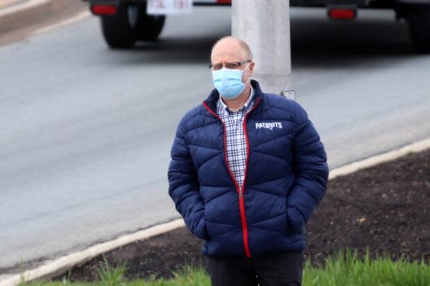 Yassin Choukri, a former New Brunswick deputy attorney general now accused of fraud, outside the Moncton courthouse on Friday. (Shane Magee/CBC - image credit)