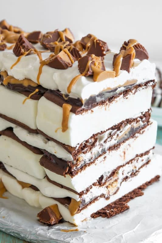 <p>Kitchen Gidget</p><p>This cake features layers of hot fudge, peanut butter, whipped topping and peanut butter cups. <br></p><p><strong>Get the recipe: <a href="https://www.kitchengidget.com/2018/08/31/peanut-butter-ice-cream-sandwich-cake/" rel="nofollow noopener" target="_blank" data-ylk="slk:Peanut Butter Ice Cream Sandwich Cake;elm:context_link;itc:0;sec:content-canvas" class="link ">Peanut Butter Ice Cream Sandwich Cake</a></strong></p>