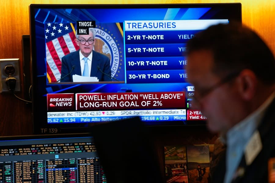<em><sub>Federal Reserve Chairman Jerome Powell as seen from the New York Stock Exchange trading floor. (The Associated Press).</sub></em>