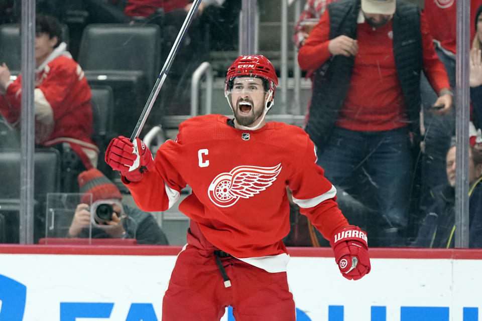 Detroit Red Wings center Dylan Larkin (71) reacts after his goal during the second period of an NHL hockey game against the Philadelphia Flyers, Thursday, Jan. 25, 2024, in Detroit. (AP Photo/Carlos Osorio)