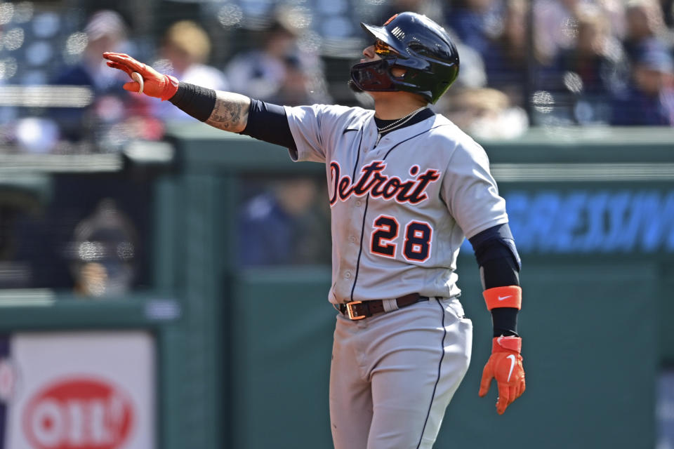 Detroit Tigers' Javier Baez celebrates after hitting a solo home run off Cleveland Guardians relief pitcher Bryan Shaw in the eighth inning of a baseball game, Sunday, May 22, 2022, in Cleveland. The Tigers won 4-2. (AP Photo/David Dermer)