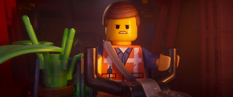 This image released by Warner Bros. Pictures shows the character Emmet, voiced by Chris Pratt, in a scene from "The Lego Movie 2: The Second Part." (Warner Bros. Pictures via AP)