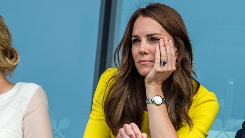 <p> A candid moment caught during the 2016 Wimbledon tournament showed the Princess of Wales in a hilariously relatable light. </p> <p> Usually the picture of enthusiasm, all smiles and stylish finesse, Kate was caught looking completely fed up, resting her face in her hands (flashing fans that spectacular sapphire ring in the process). </p>