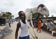 <p>A man carries a sheep during the Eid al-Adha celebrations in the Adjame district of Abidjan, Ivory Coast on Sept. 1, 2017.<br> (Photo: Sia Kambou/AFP/Getty Images) </p>