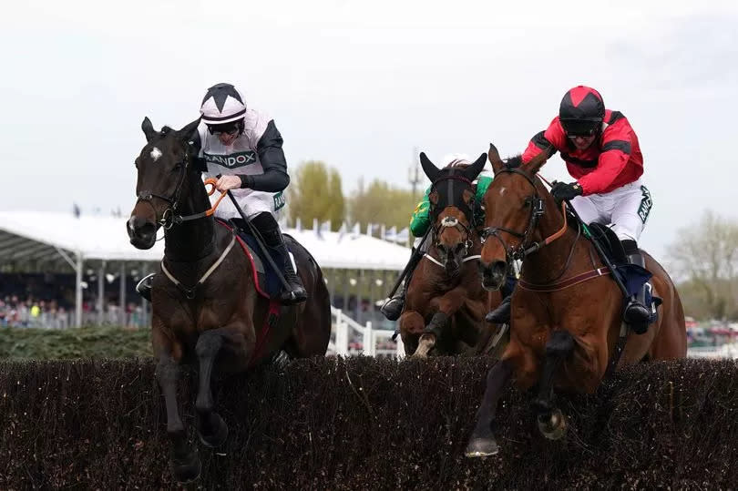 Gerri Colombe, ridden by Jack Kennedy (left), on the way to winning the William Hill Bowl Chase on day one of the 2024 Randox Grand National Festival at Aintree Racecourse on Thursday, April 11 2024