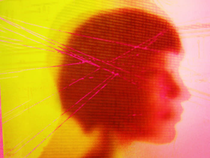 Lines over blurred head of woman