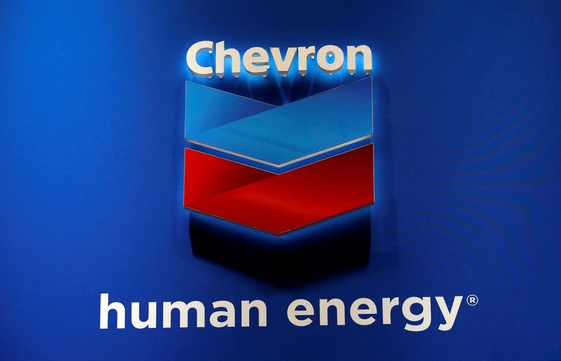The logo of Chevron Corp is seen in its booth at Gastech, the world's biggest expo for the gas industry, in Chiba