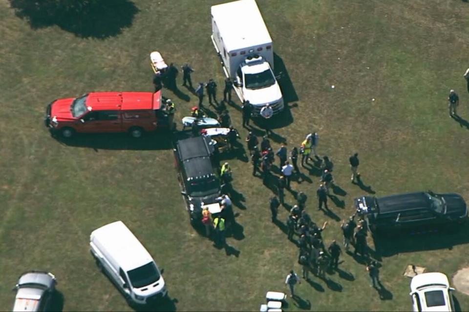 Emergency services swarm the scene at  Apalachee High School in Barrow County, in Georgia, on Wednesday morning  during the active shooter situation (WSB-TV Channel 2)