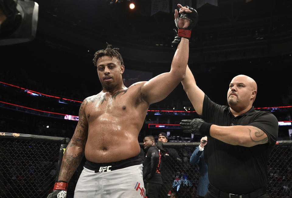 BOSTON, MASSACHUSETTS - OCTOBER 18:  Greg Hardy reacts after his decision victory over Ben Sosoli in their heavyweight bout during the UFC Fight Night event at TD Garden on October 18, 2019 in Boston, Massachusetts. (Photo by Chris Unger/Zuffa LLC via Getty Images)