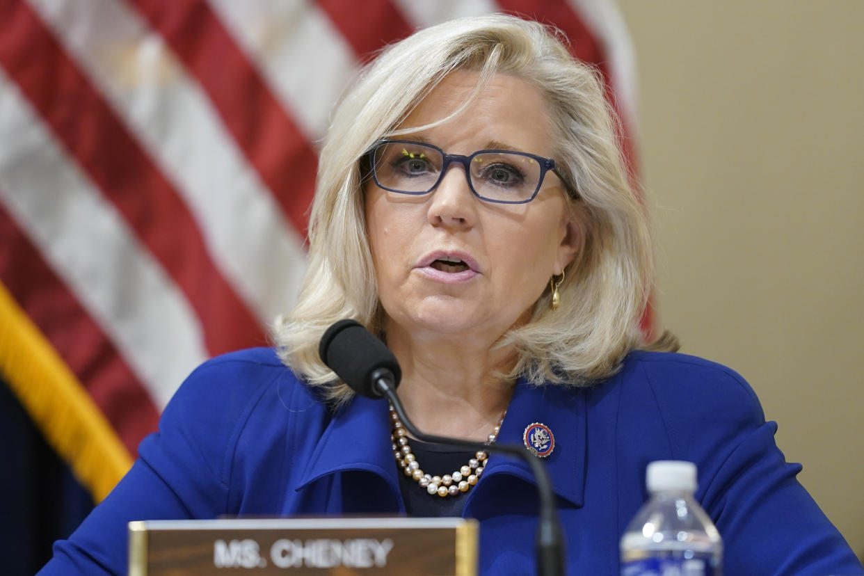 Rep. Liz Cheney, R-Wyo., speaks during the House select committee hearing on the Jan. 6 attack on Capitol Hill in Washington, Tuesday, July 27, 2021. (Andrew Harnik/Pool/AP)