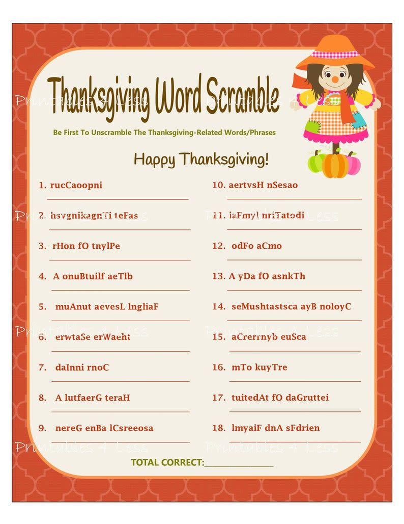 18) Thanksgiving Word Scramble