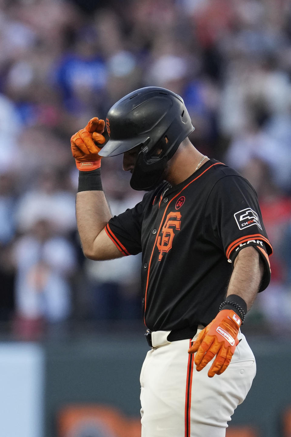 San Francisco Giants' David Villar reacts after hitting an RBI double against the Los Angeles Dodgers during the 10th inning of a baseball game Saturday, June 29, 2024, in San Francisco. (AP Photo/Godofredo A. Vásquez)