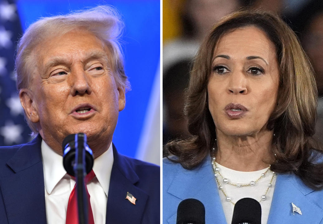 En esta combinación de fotos se muestra al expresidente y candidato presidencial republicano Donald Trump el 15 de agosto de 2024, en Bedminster, Nueva Jersey, y a la vicepresidenta y candidata presidencial demócrata Kamala Harris en un evento de campaña el 16 de agosto de 2024, en Raleigh, Carolina del Norte. (AP Foto)