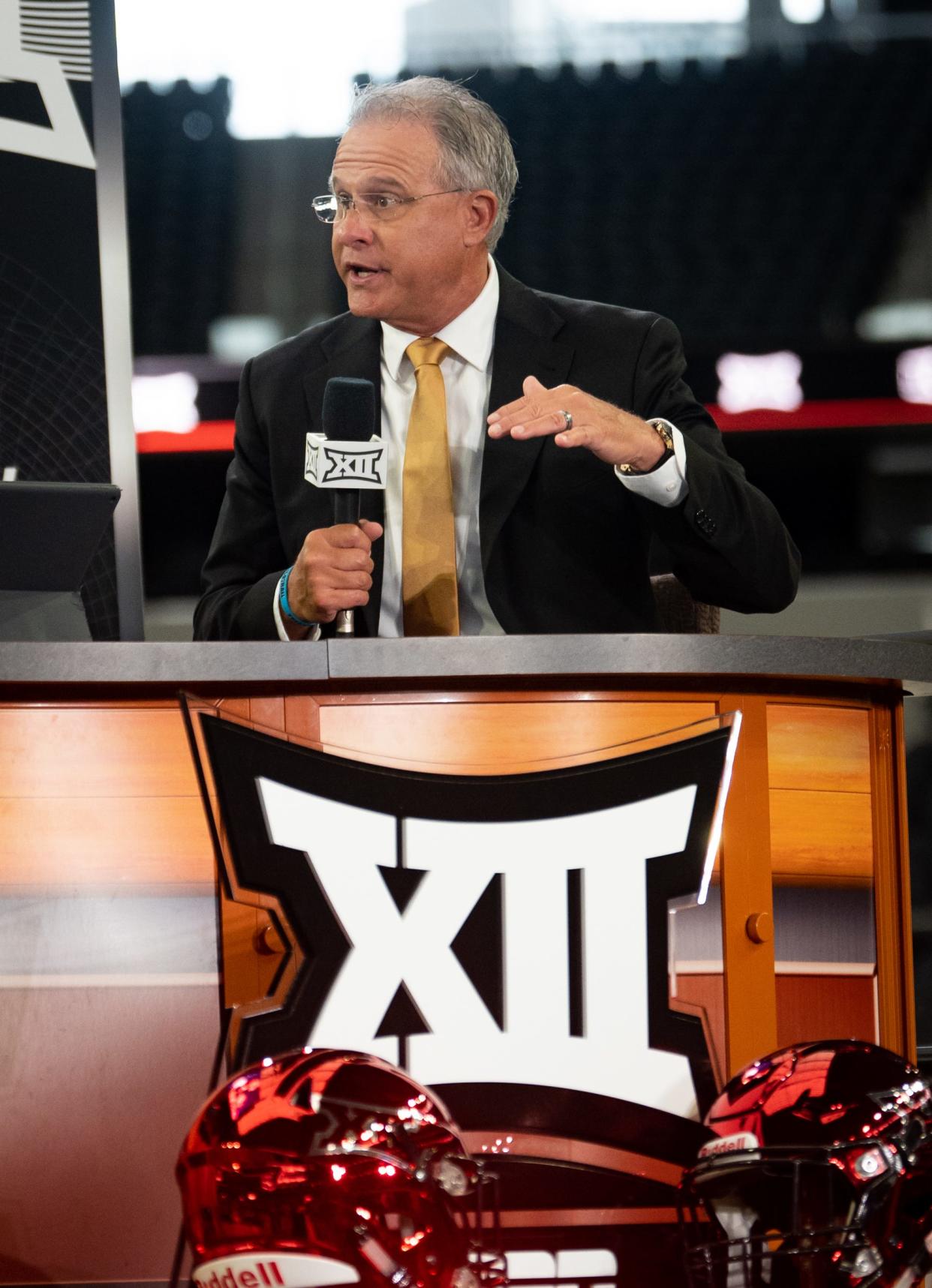 University of Central Florida Head Coach Gus Malzahn goes on ESPN on the second day of Big 12 Media Days in AT&T Stadium in Arlington, Texas, July 13, 2023. 