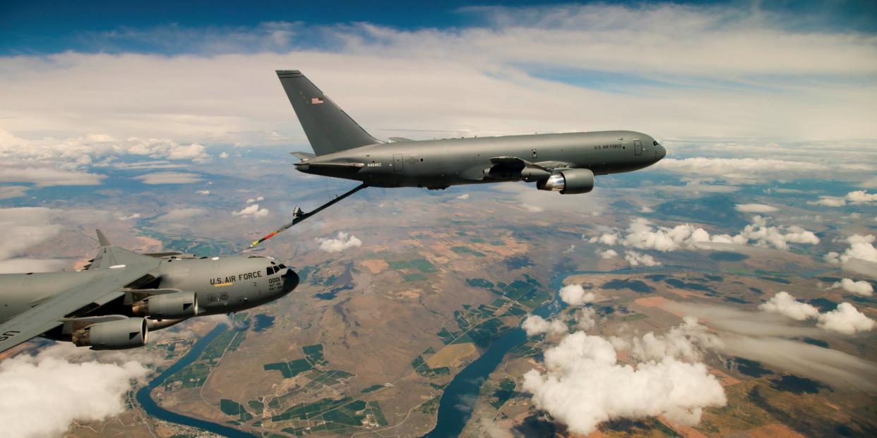 Boeing's KC-46 aerial refueling tanker conducts receiver compatibility tests with a U.S. Air Force C-17 Globemaster III from Joint Base Lewis-McChord, in Seattle