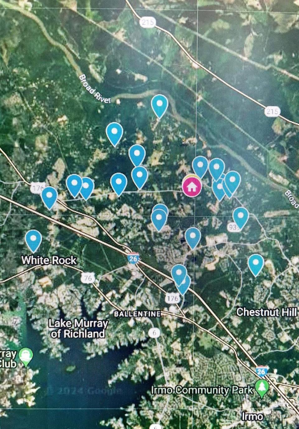 A map shows the locations of burglaries, according to the Richland County Sheriff’s Department.