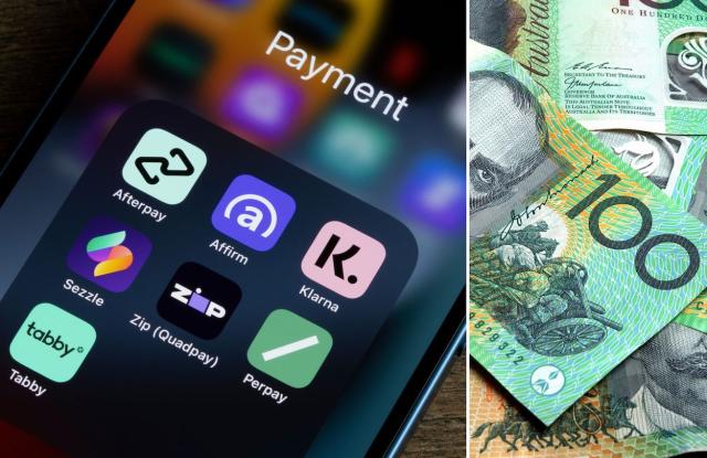 Compilation image of buy now, pay later app logos on a phone and  a pile of $100 notes