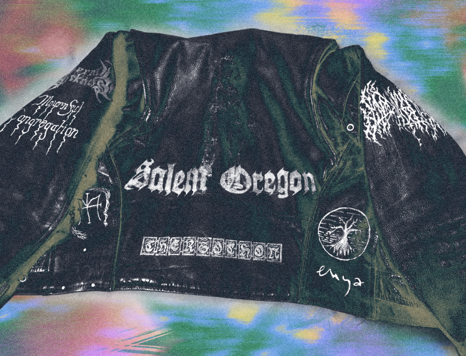 Blood Incantation frontman Paul Riedl’s leather jacket with the Enya logo. Photo courtesy of the artist. Treatment by Drew Litowitz.