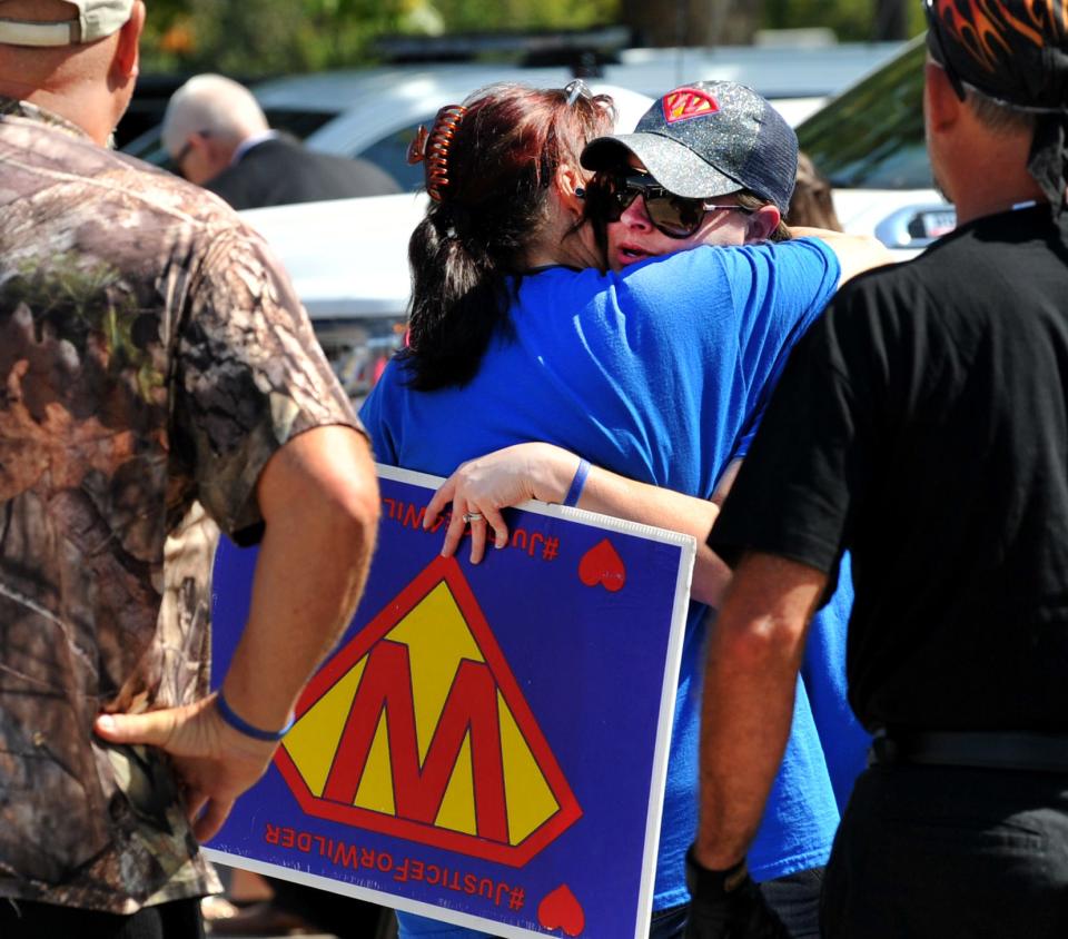 Family and supporters of Justice for Wilder react Oct. 8, 2020, after Wichita Falls Police and the Wichita County District Attorneys Office announced the arrest of James Staley III for the murder of Jason “Wilder” McDaniel.