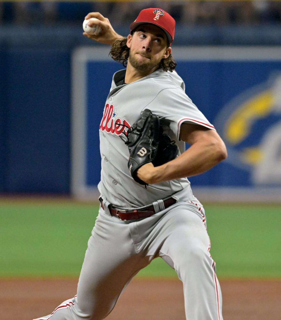 Philadelphia Phillies starter Aaron Nola tied his career high with 12 strikeouts pitching against the Tampa Bay Rays Tuesday, July 4, 2023, in St. Petersburg, Fla.