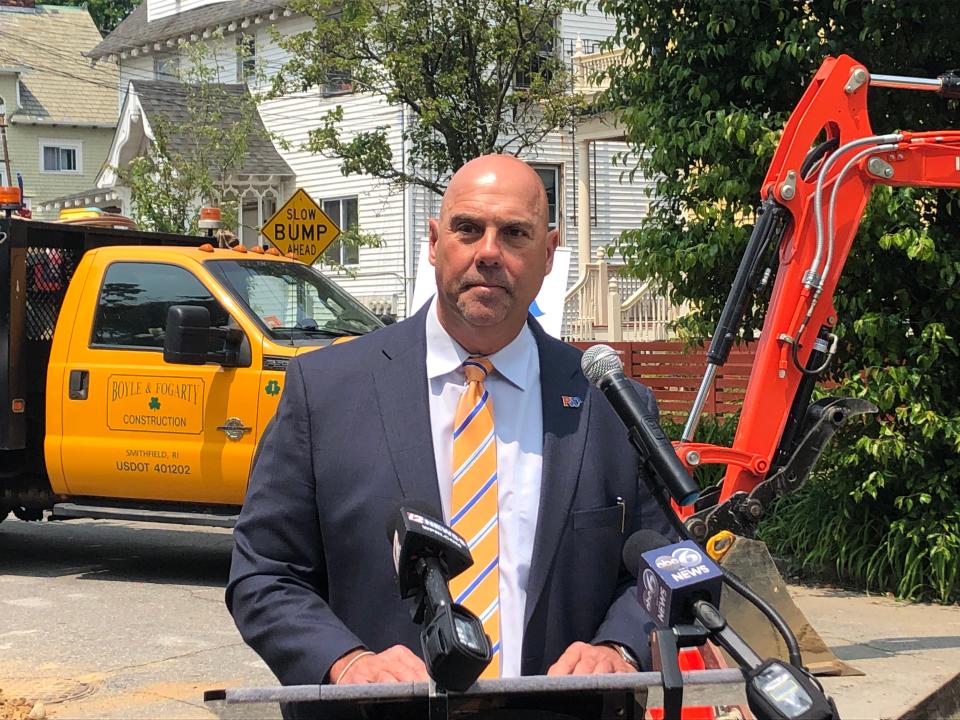 Ricky Caruolo, general manager of the Providence Water Supply Board, at a news conference Wednesday at a lead-pipe replacement site in Providence.