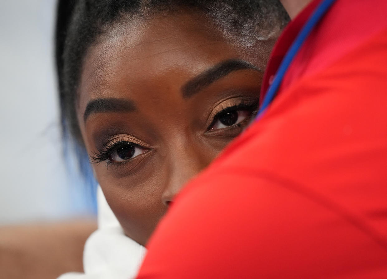 TOKYO, JAPAN - JULY 27: Simone Biles of Team US reacts during the Women's Team Final of the Tokyo 2020 Olympic Games at Ariake Gymnastics Centre in Tokyo, Japan on July 27, 2021. (Photo by Mustafa Yalcin/Anadolu Agency via Getty Images)