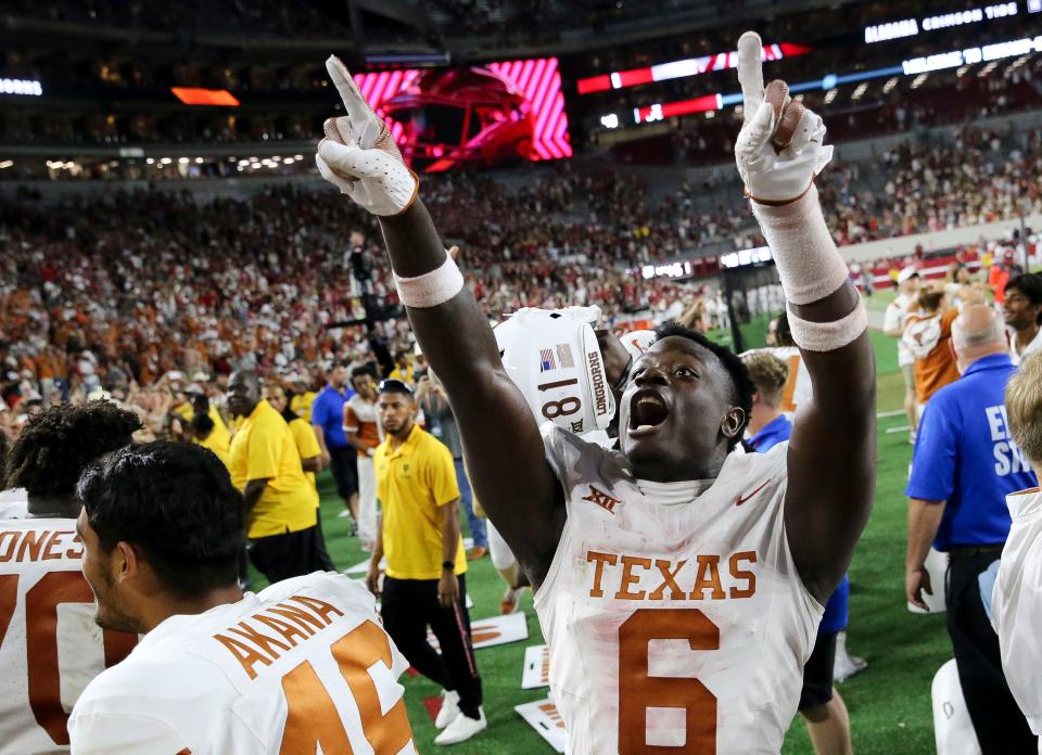 Texas Longhorns defensive back Ryan Watts celebrates at Bryant-Denny Stadium following the 34-24 win over Alabama early in the 2023 season. He'll try to improve his stock during this week's practices for Thursday's East-West Shrine game.