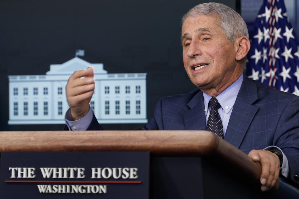 Dr. Anthony Fauci, director of the National Institute for Allergy and Infectious Diseases, speaks during a news conference with the coronavirus task force at the White House in Washington, Thursday, Nov. 19, 2020. (AP Photo/Susan Walsh)