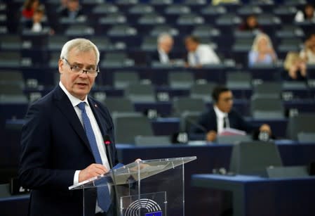 Finland's Prime Minister Rinne delivers a speech during a debate on the program of the Finnish presidency of the EU for the next six month at the European Parliament in Strasbourg