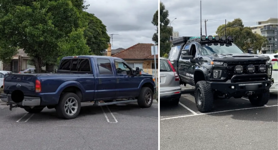 Left, a truck parked diagonally over three parking spaces in Melbourne. Right, Maujean's parked in just one in Melbourne. 