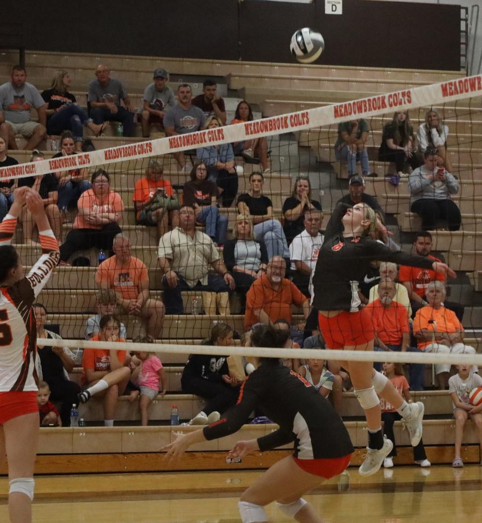 Meadowbrook senior Avery Black (6) goes up for a kill during Saturday's season opening sweep of visiting Heath High School.